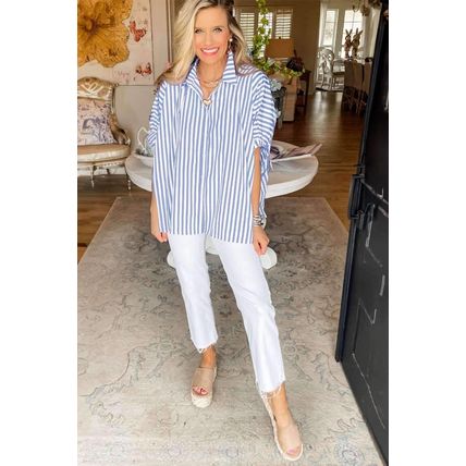 Sky Blue Stripe Dolman Sleeve Oversize Shirt