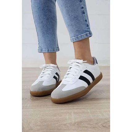 White Striped Lace-up Flat Sneakers