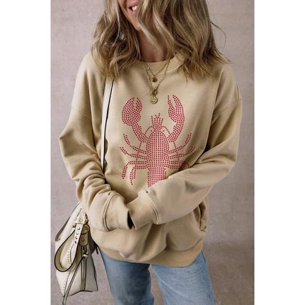Parchment Rhinestone Crawfish Graphic Crewneck Oversized Sweatshirt