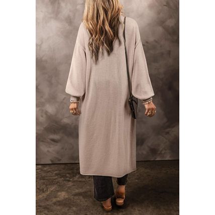 Beige Side Pockets Open Front Long Knitted Cardigan