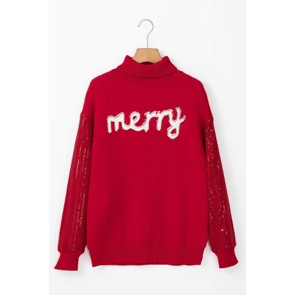 Racing Red Merry Graphic Sequin Sleeve Turtleneck Sweater