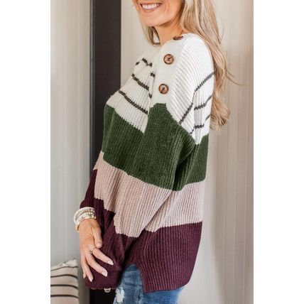 Green Color Block Striped Buttoned Shoulder Split Sweater