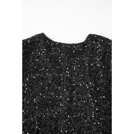Color black Plus Size Bubble Sleeve V Neck Sequin Dress