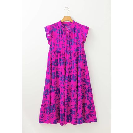 Rose Floral Print Tiered Frilled Trim Flutter Sleeve Maxi Dress