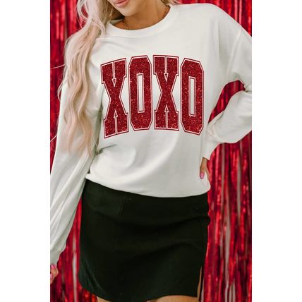 White Glitter XOXO Graphic Crewneck Valentines Pullover Sweatshirt
