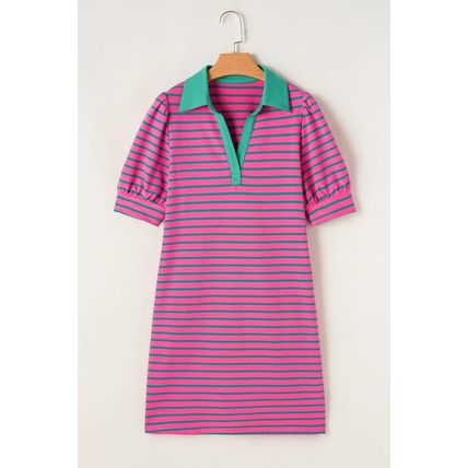 Pink Stripe Collared V Neck Puff Sleeve T Shirt Dress