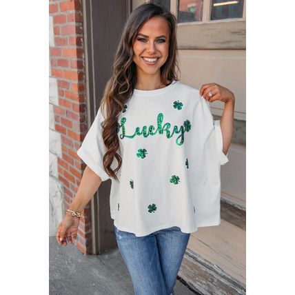 White St Patrick Lucky Clover Sequin Graphic T Shirt