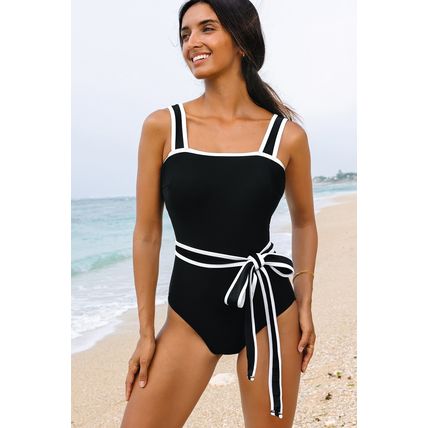 Black Colorblock Edge Belted One Piece Swimsuit