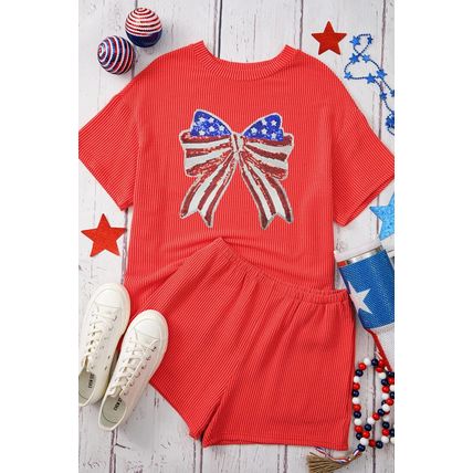 Orange Independence Day Sequin Bow Graphic Twist Rib Textured Short Set