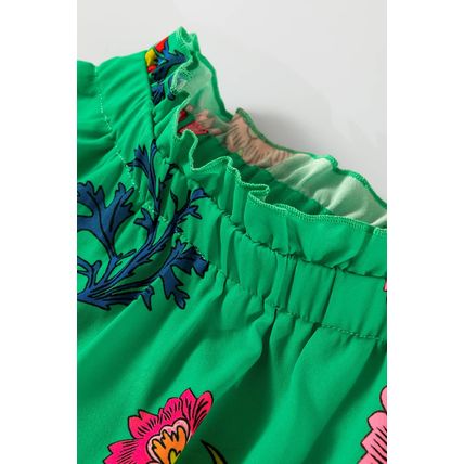 Green Floral Print Flutter Sleeve Frilly Neck Blouse