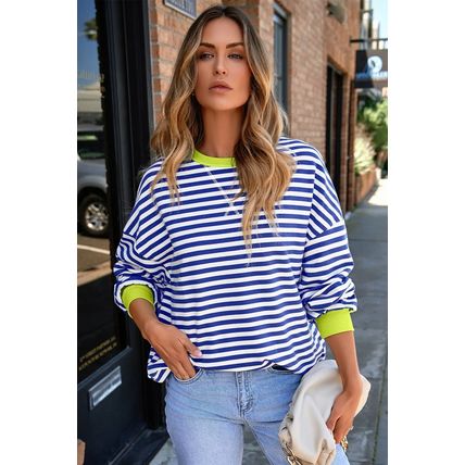 Sky Blue Stripe Striped Contrast Ribbed Trim Drop Shoulder Baggy Sweatshirt
