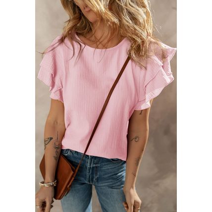 Light Pink Crinkled Cotton Gauze Ruffle Sleeve Blouse