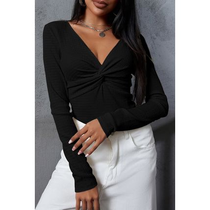 Black Textured Twist Front V Neck Long Sleeve Slim Solid Color Top