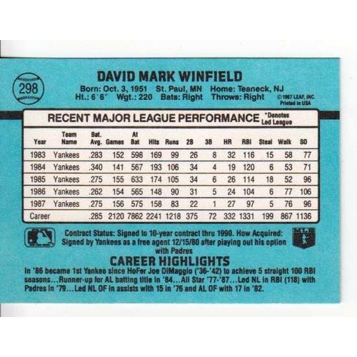 1988 Donruss baseball Dave Winfield card #298 - NM - HOF-Yankees