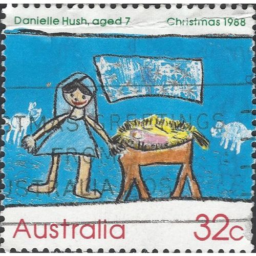 AUSTRALIA, CHRISTMAS, Child's Mary and Manger, blue 1988, 32c, #3