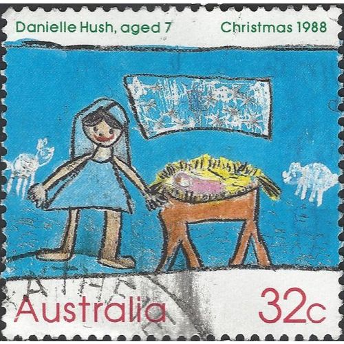 AUSTRALIA, CHRISTMAS, Child's Mary and Manger, blue 1988, 32c, #4