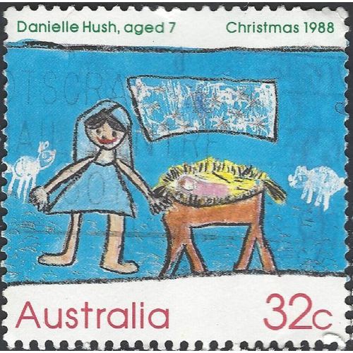AUSTRALIA, CHRISTMAS, Child's Mary and Manger, blue 1988, 32c, #2
