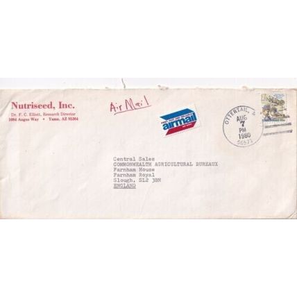 United States 1980 Nutriseed Inc Yuma AZ-Slough UK Cover Ottertail MN cancel
