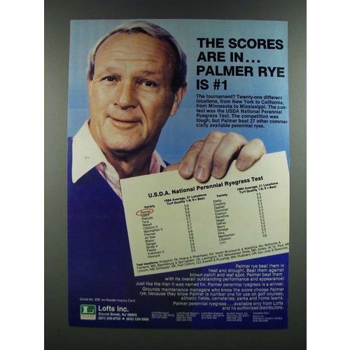 1986 Lofts Inc. Palmer Rye Ryegrass Ad - The Scores are In - Arnold Palmer