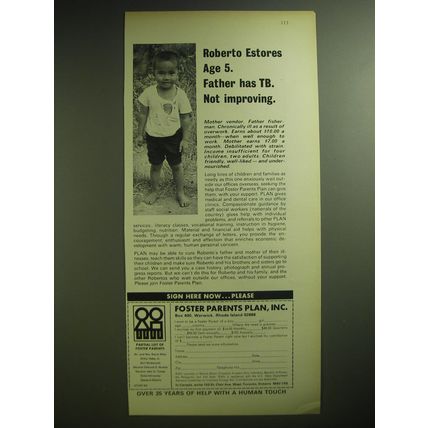 1974 Foster Parents Plan, Inc. Ad - Roberto Estores Age 5. Father has TB.