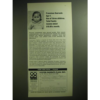 1974 Foster Parents Plan, Inc. Ad - Francisca Guarachi. Age 4.