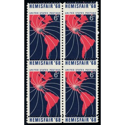 1340, MNH 6¢ Hemisfair RARE Misperfed Error Block of Four - Stuart Katz