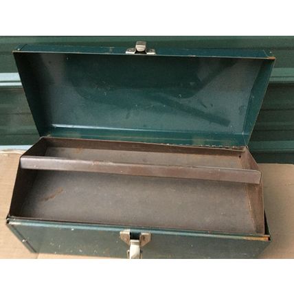 Metal Tool Box & Tray 16 x 7 x 7.5 vintage green teal steel