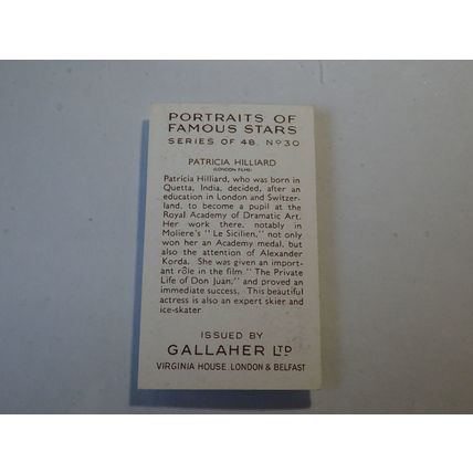 1935 Gallaher Portraits of Famous Stars Card # 30 of 48 P. Hilliard VG (3)