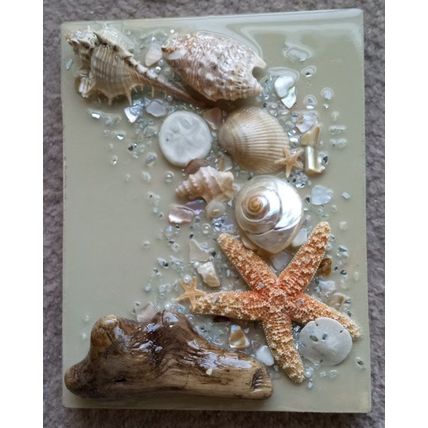 New Handmade OOAK Seashell Resin Mosaic Wall Decor on Painted Beige Wood