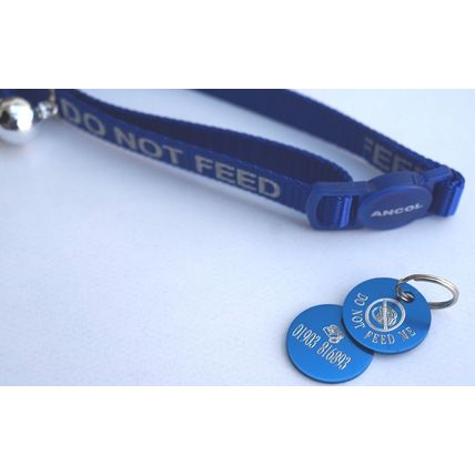 DO NOT FEED REFLECTIVE SAFETY CAT COLLAR BLUE & PERSONALISED TAG & CAT BOWL ICON