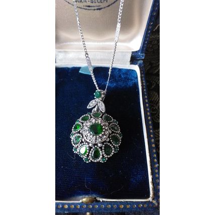 Vintage 1960-s 925 Sterling Silver Green Faux Emerald Pendant on 16 inch Chain.