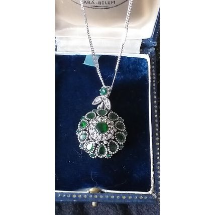 Vintage 1960-s 925 Sterling Silver Green Faux Emerald Pendant on 16 inch Chain.