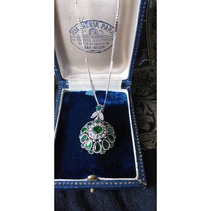 Vintage 1960-s 925 Sterling Silver Green Faux Emerald Pendant on 16 inch Chain.