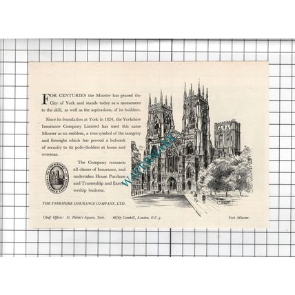 York Minster The Yorkshire Insurance Company Ltd - 1954 SMALL Advert