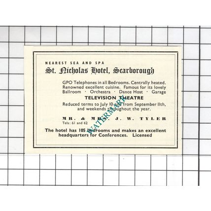 St Nicholas Hotel Scarborough Yorkshire Mr & Mrs Tyler - 1954 SMALL Advert