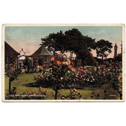 PRINTED POSTCARD ROSE GARDEN/CLOCK TOWER SKEGNESS LINCOLNSHIRE POSTED 1937 (4217