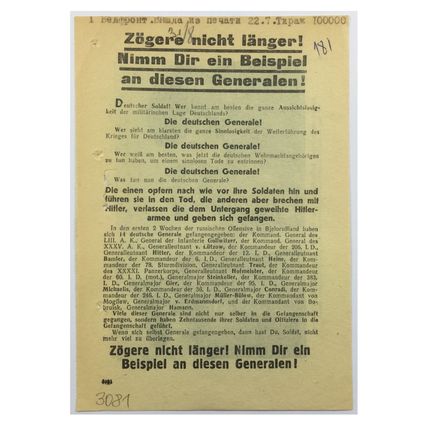 Original WW2 Russian/Soviet Air Drop Leaflet. - Code 3081. - 1944.