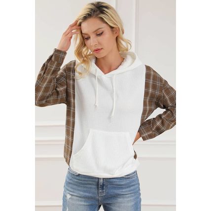 White Waffle Patch Plaid Sleeve Kangaroo Pocket Hoodie