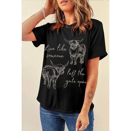 Black Western Cow Print Round Neck Casual Tee