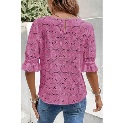 Bright Pink Flower Eyelet Jacquard Keyhole Flounce Sleeve Top