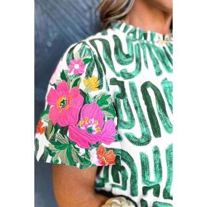 Blackish Green Embroidered Puff Sleeve Frilled Neck Printed Top