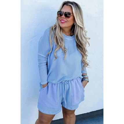 Light Blue Plus Size Ribbed Long Sleeve Top and Drawstring Shorts Set