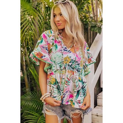 White Tropical Floral Print Ruffled Short Sleeve Blouse