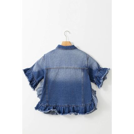 Peacock Blue Ruffled Frayed Short Sleeve Plus Size Denim Jacket
