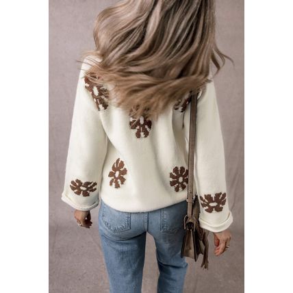 White Colorblock Floral Pattern Round Neck Sweater