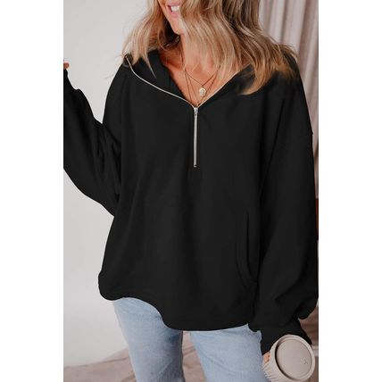 Black Fleece Lined Half Zipper Kangaroo Pockets Loose Hoodie