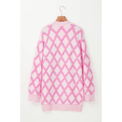 Pink Rhombus Pattern Knit Open Front Pocketed Cardigans