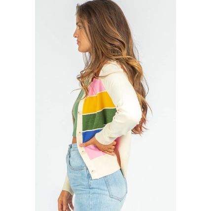 White Stripe Colorful Pattern Button Front Sweater Cardigan