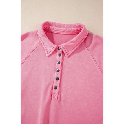 Pink Solid Snap Buttons Collared Balloon Sleeve Oversized Sweatshirt