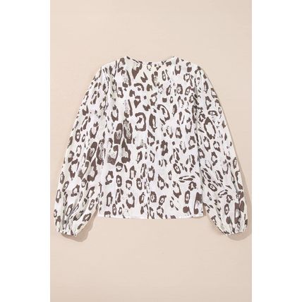 Khaki Leopard Print Split Neck Balloon Sleeve Blouse